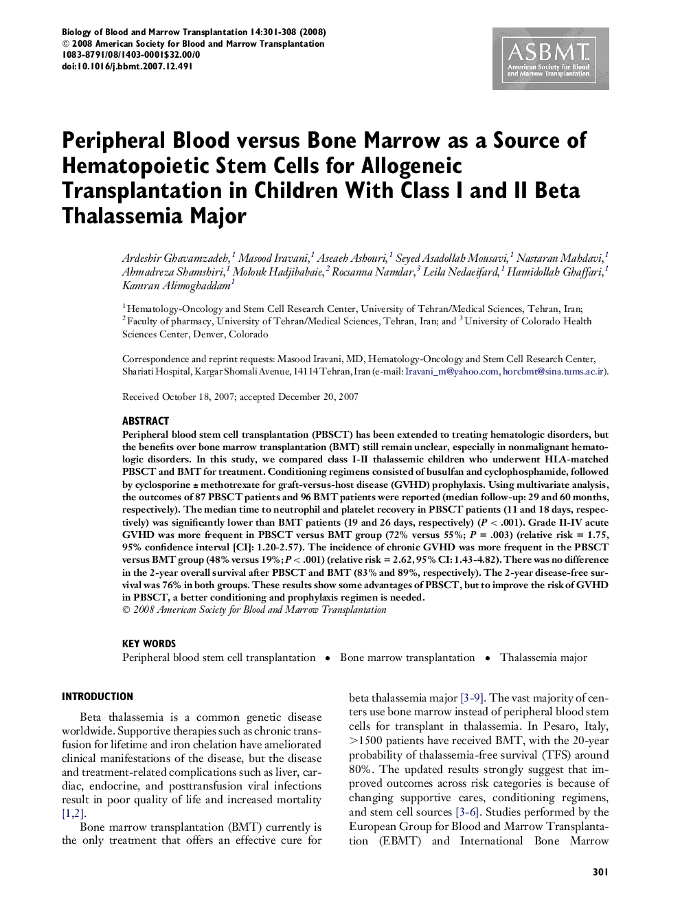 Peripheral Blood versus Bone Marrow as a Source of Hematopoietic Stem Cells for Allogeneic Transplantation in Children With Class I and II Beta Thalassemia Major