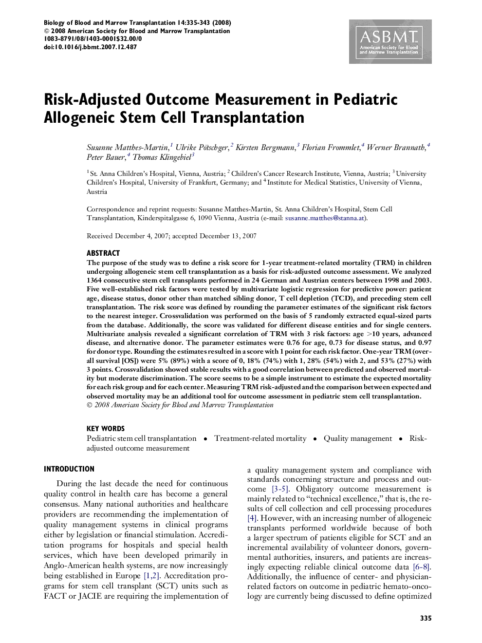 Risk-Adjusted Outcome Measurement in Pediatric Allogeneic Stem Cell Transplantation