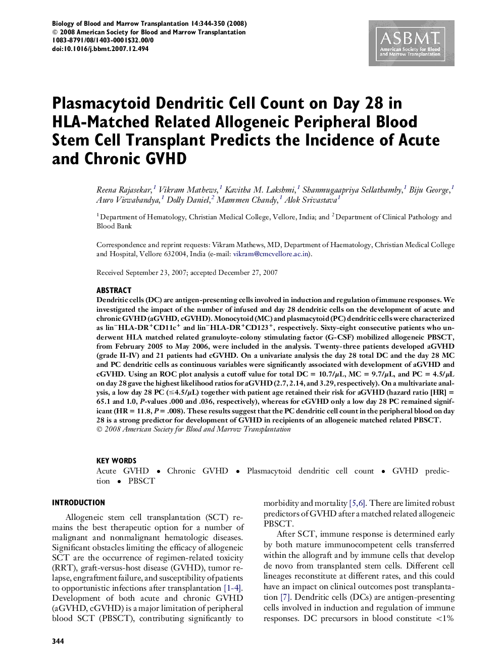 Plasmacytoid Dendritic Cell Count on Day 28 in HLA-Matched Related Allogeneic Peripheral Blood Stem Cell Transplant Predicts the Incidence of Acute and Chronic GVHD