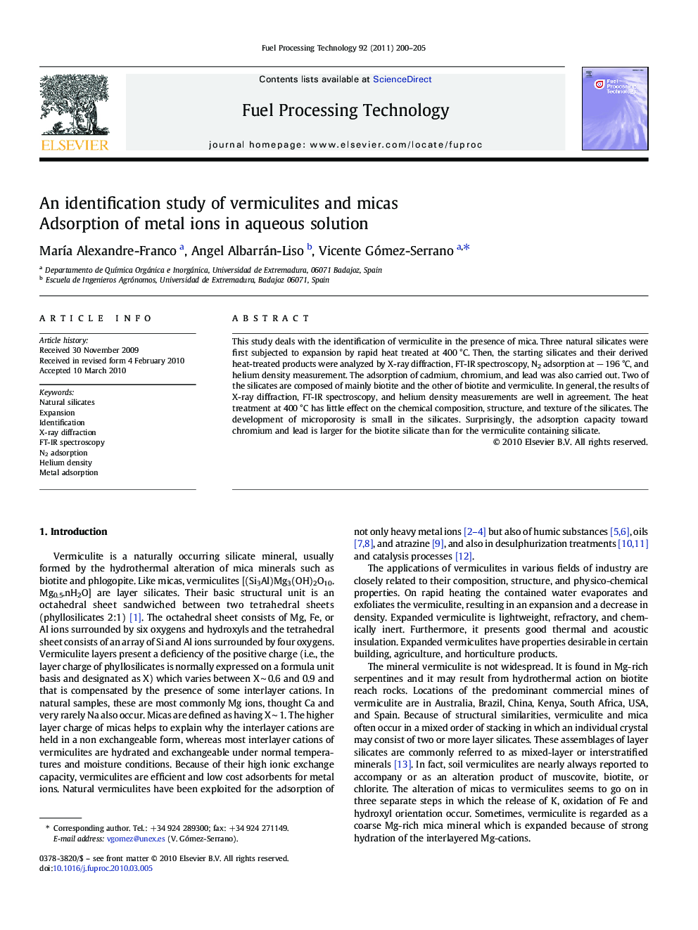 An identification study of vermiculites and micas: Adsorption of metal ions in aqueous solution