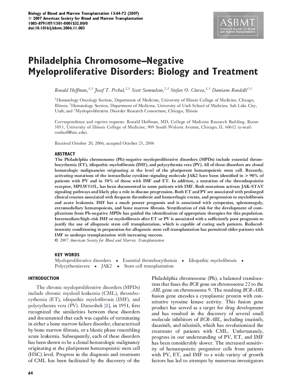 Philadelphia Chromosome–Negative Myeloproliferative Disorders: Biology and Treatment