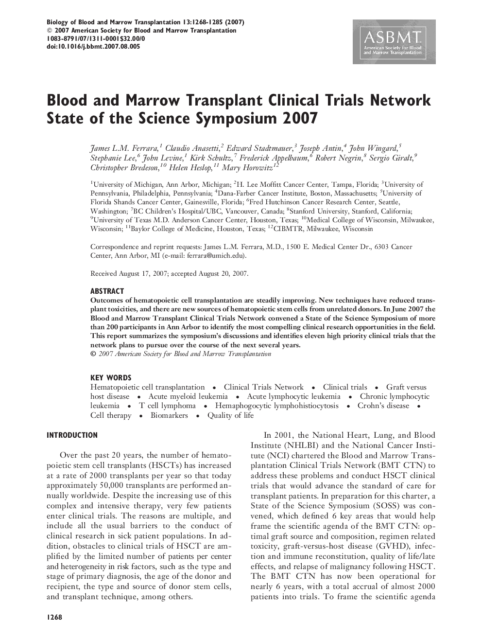 Blood and Marrow Transplant Clinical Trials Network State of the Science Symposium 2007