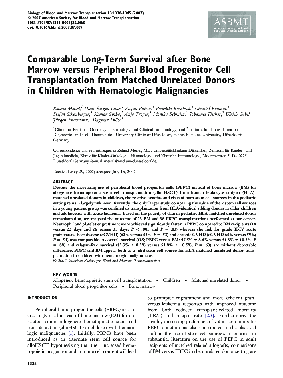 Comparable Long-Term Survival after Bone Marrow versus Peripheral Blood Progenitor Cell Transplantation from Matched Unrelated Donors in Children with Hematologic Malignancies