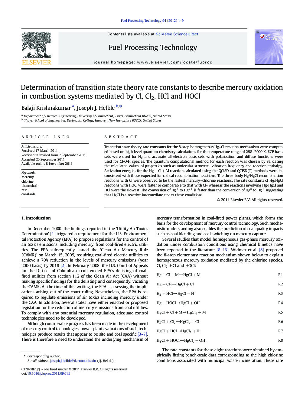 Determination of transition state theory rate constants to describe mercury oxidation in combustion systems mediated by Cl, Cl2, HCl and HOCl