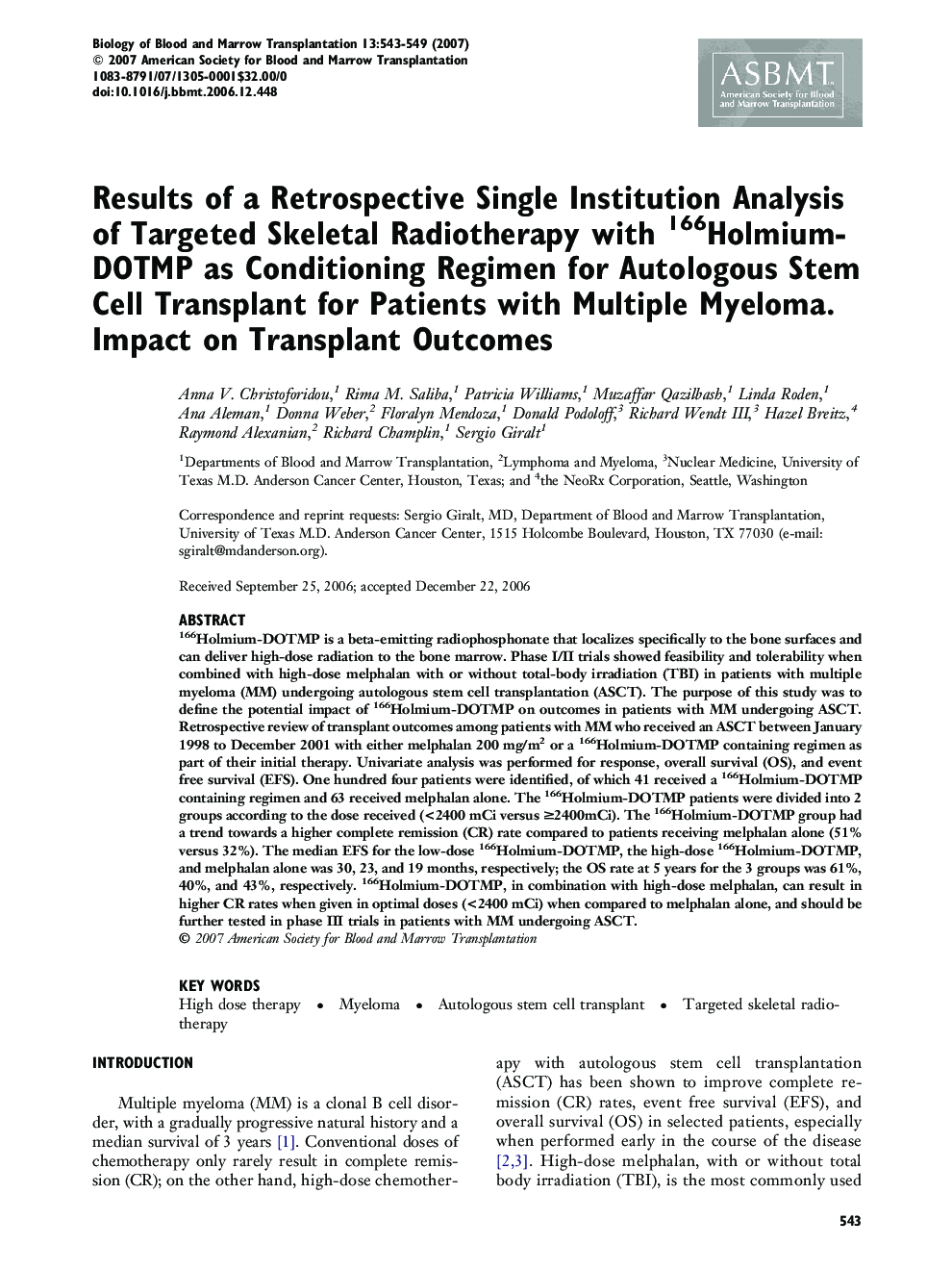 Results of a Retrospective Single Institution Analysis of Targeted Skeletal Radiotherapy with 166Holmium-DOTMP as Conditioning Regimen for Autologous Stem Cell Transplant for Patients with Multiple Myeloma. Impact on Transplant Outcomes