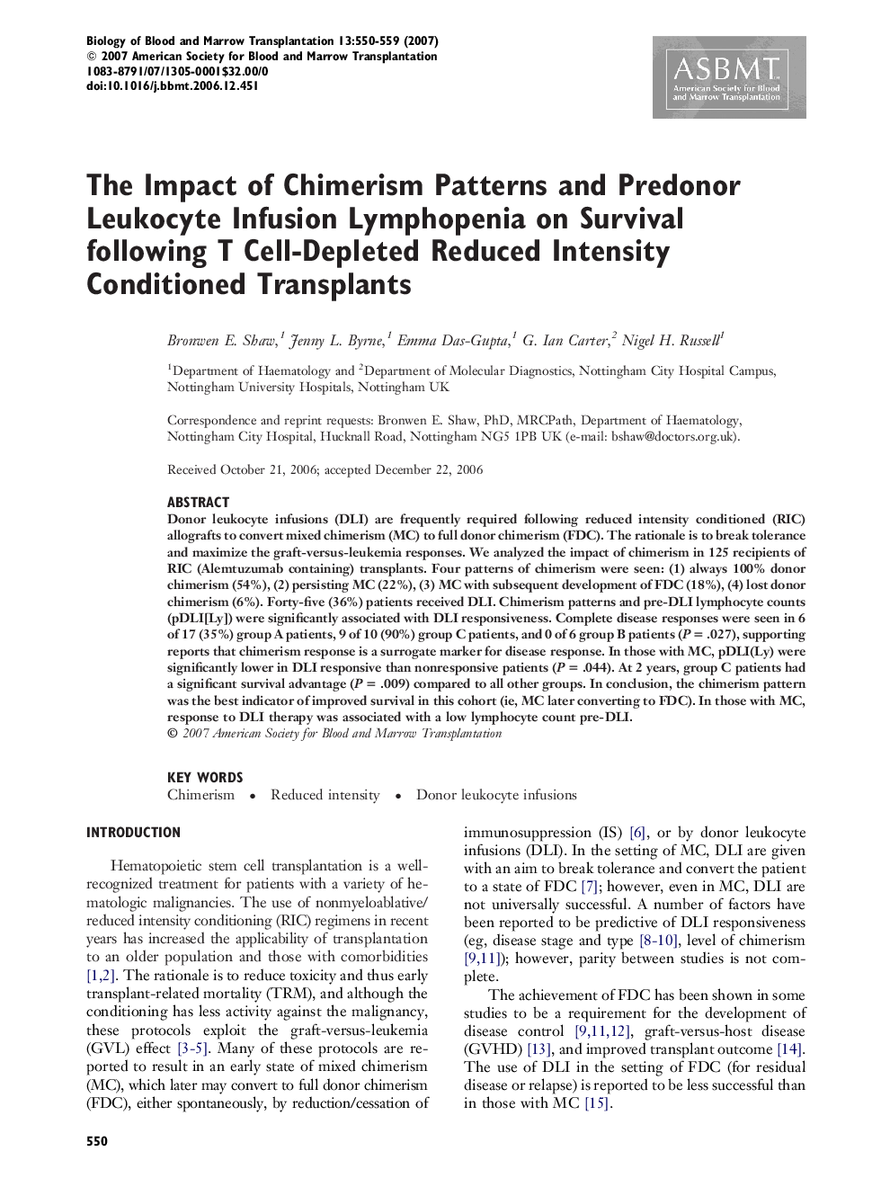 The Impact of Chimerism Patterns and Predonor Leukocyte Infusion Lymphopenia on Survival following T Cell-Depleted Reduced Intensity Conditioned Transplants