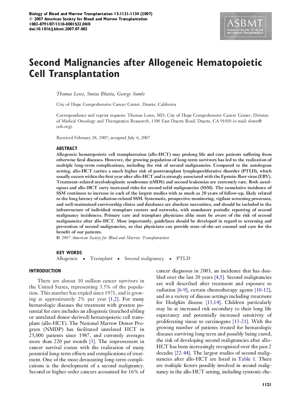 Second Malignancies after Allogeneic Hematopoietic Cell Transplantation