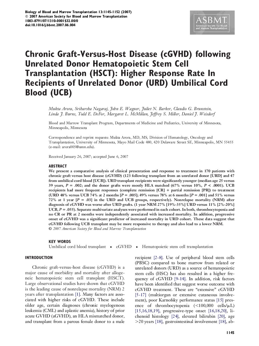 Chronic Graft-Versus-Host Disease (cGVHD) following Unrelated Donor Hematopoietic Stem Cell Transplantation (HSCT): Higher Response Rate In Recipients of Unrelated Donor (URD) Umbilical Cord Blood (UCB)