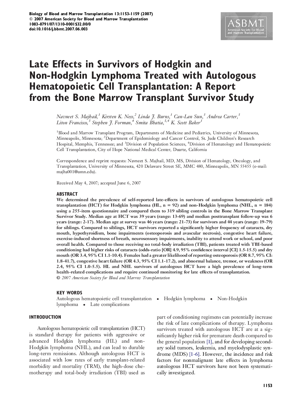 Late Effects in Survivors of Hodgkin and Non-Hodgkin Lymphoma Treated with Autologous Hematopoietic Cell Transplantation: A Report from the Bone Marrow Transplant Survivor Study