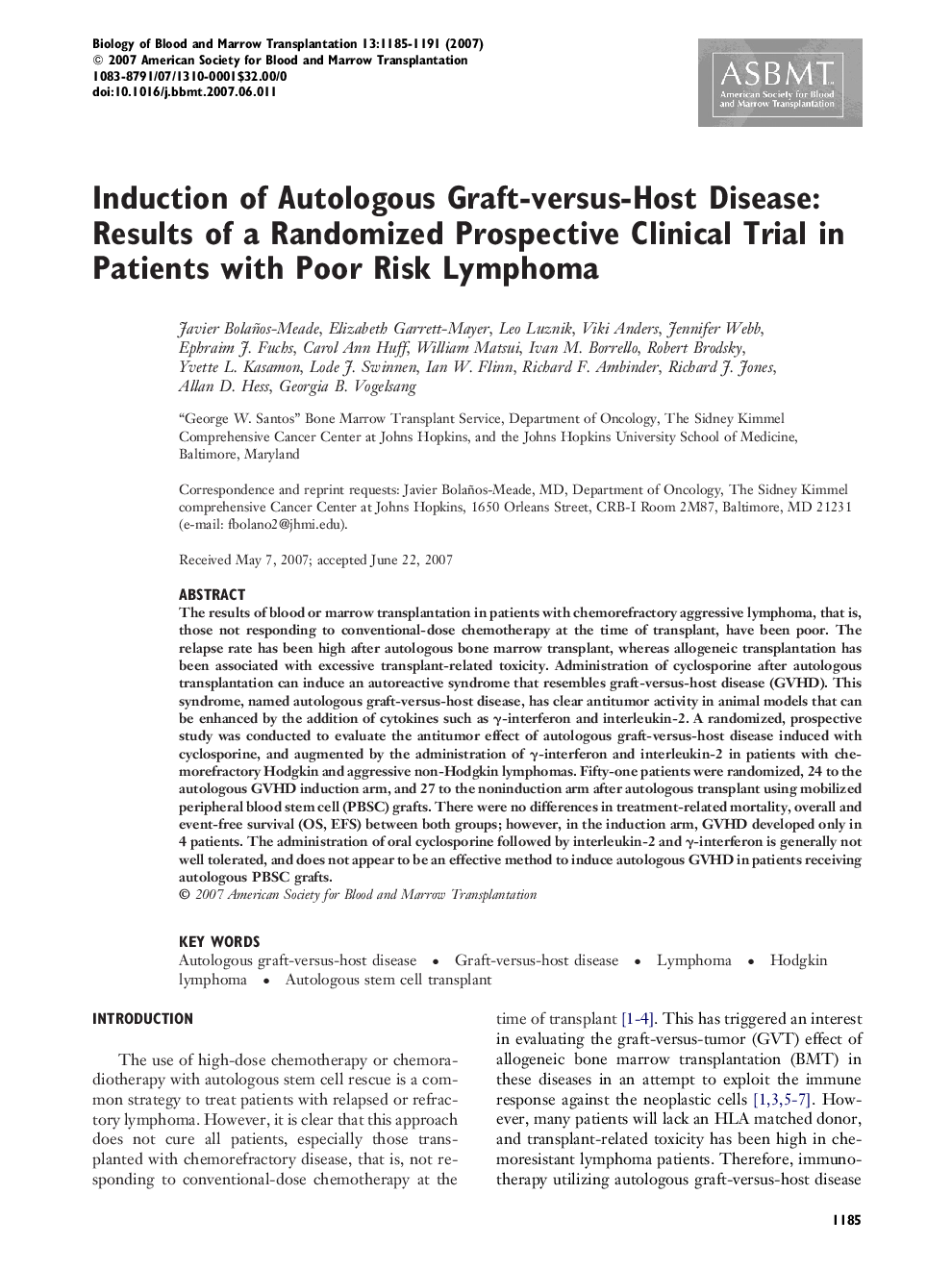 Induction of Autologous Graft-versus-Host Disease: Results of a Randomized Prospective Clinical Trial in Patients with Poor Risk Lymphoma