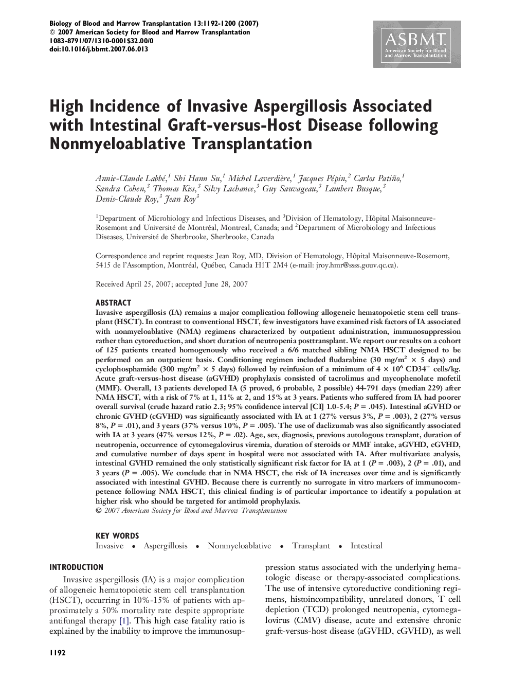 High Incidence of Invasive Aspergillosis Associated with Intestinal Graft-versus-Host Disease following Nonmyeloablative Transplantation