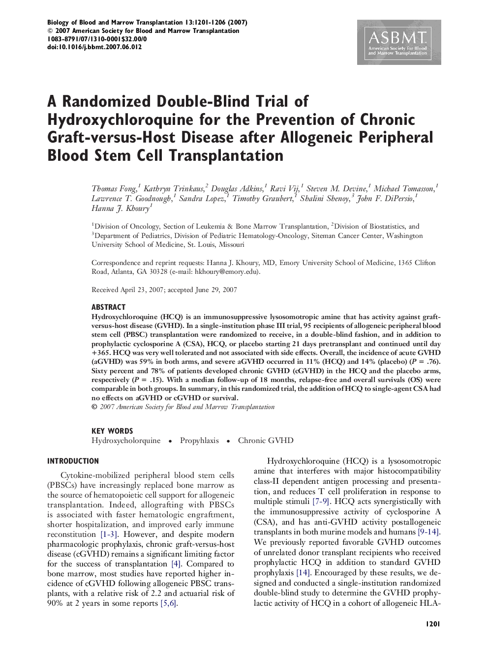 A Randomized Double-Blind Trial of Hydroxychloroquine for the Prevention of Chronic Graft-versus-Host Disease after Allogeneic Peripheral Blood Stem Cell Transplantation