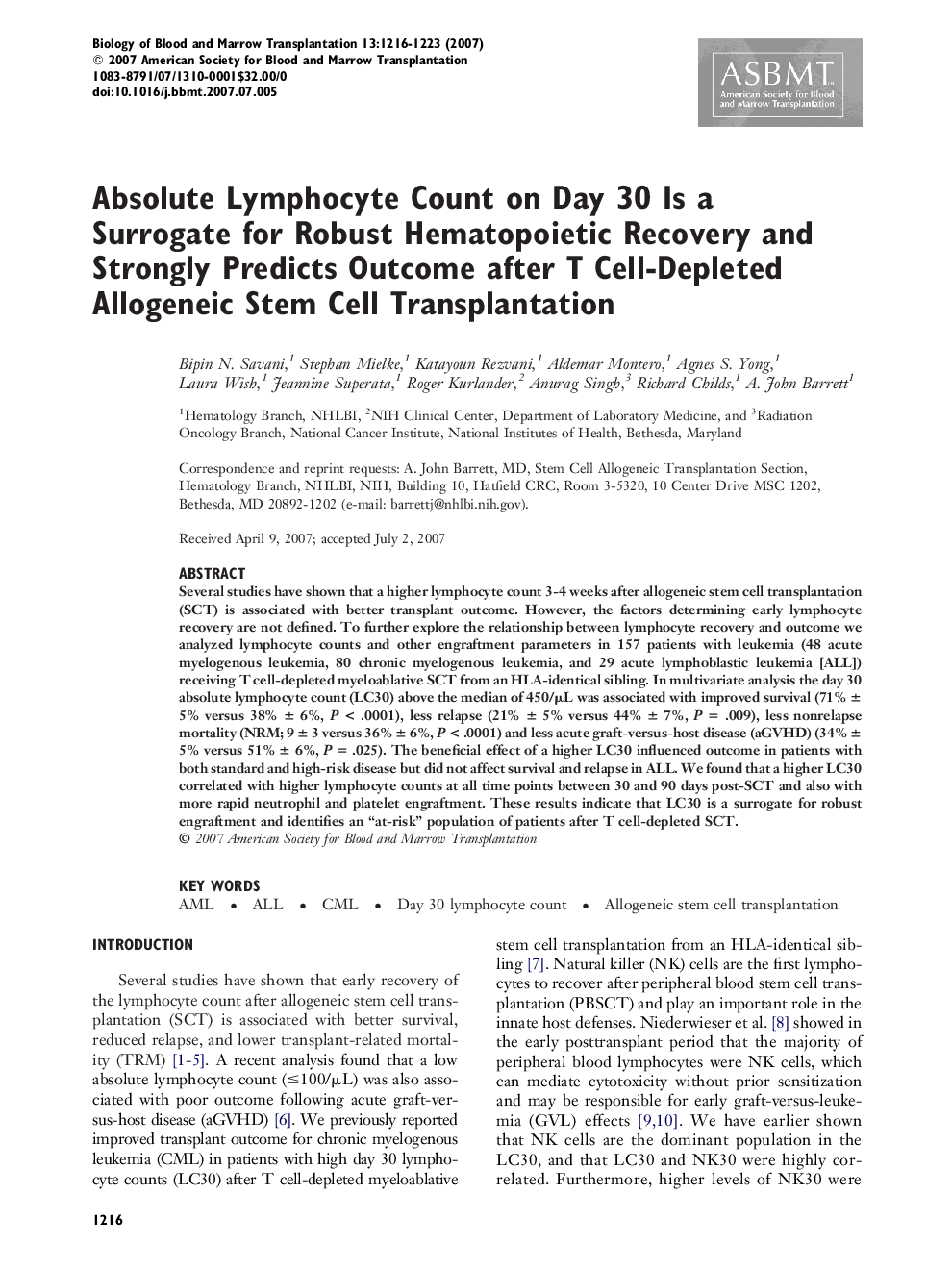 عکس صفحه اول مقاله: Absolute Lymphocyte Count on Day 30 Is a Surrogate for Robust Hematopoietic Recovery and Strongly Predicts Outcome after T Cell-Depleted Allogeneic Stem Cell Transplantation Absolute Lymphocyte Count on Day 30 Is a Surrogate for Robust Hematopoietic Recovery and Strongly Predicts Outcome after T Cell-Depleted Allogeneic Stem Cell Transplantation