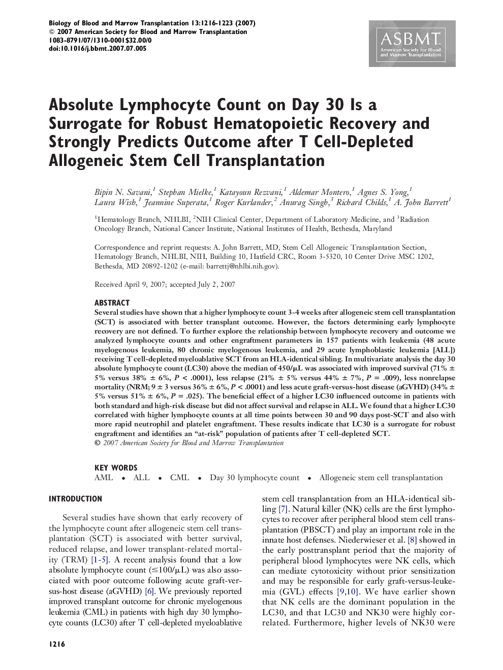 Absolute Lymphocyte Count on Day 30 Is a Surrogate for Robust Hematopoietic Recovery and Strongly Predicts Outcome after T Cell-Depleted Allogeneic Stem Cell Transplantation