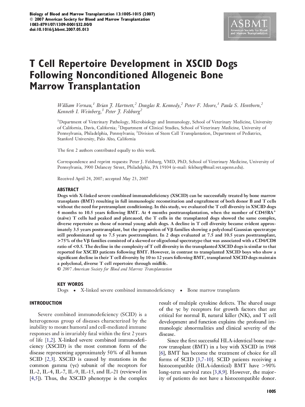 T Cell Repertoire Development in XSCID Dogs Following Nonconditioned Allogeneic Bone Marrow Transplantation 