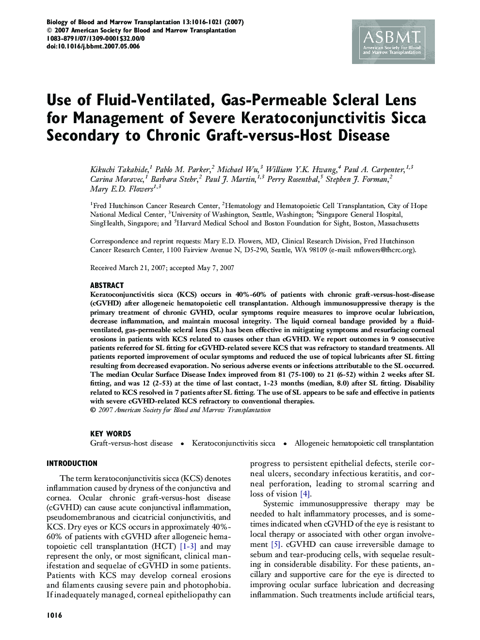 Use of Fluid-Ventilated, Gas-Permeable Scleral Lens for Management of Severe Keratoconjunctivitis Sicca Secondary to Chronic Graft-versus-Host Disease