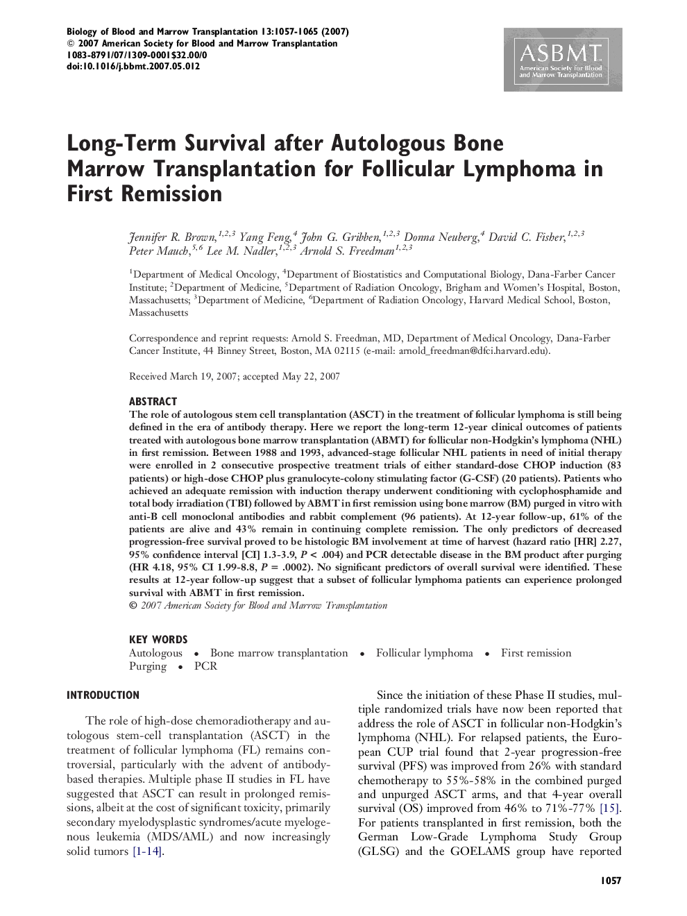 Long-Term Survival after Autologous Bone Marrow Transplantation for Follicular Lymphoma in First Remission