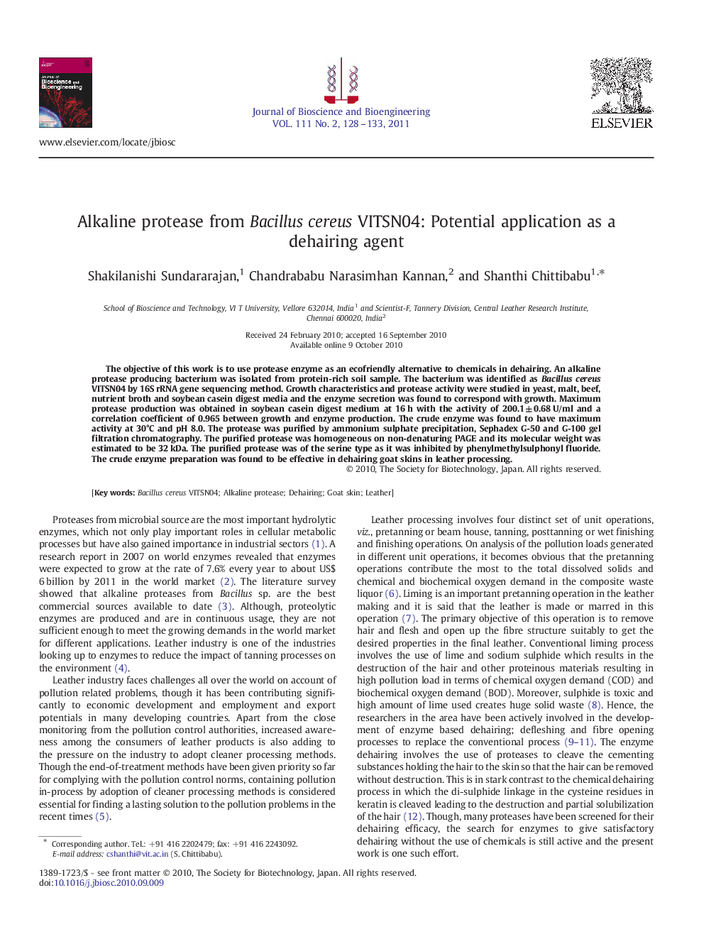 Alkaline protease from Bacillus cereus VITSN04: Potential application as a dehairing agent