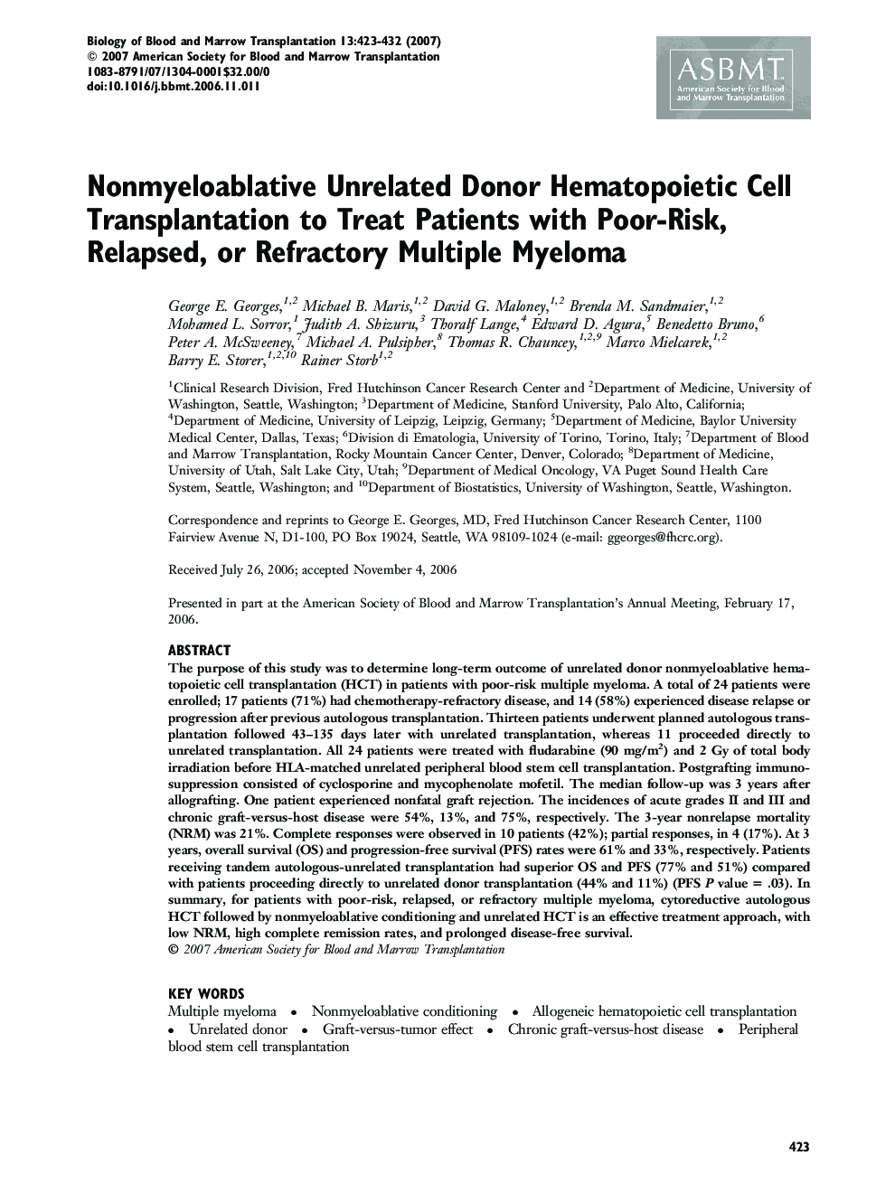 Nonmyeloablative Unrelated Donor Hematopoietic Cell Transplantation to Treat Patients with Poor-Risk, Relapsed, or Refractory Multiple Myeloma