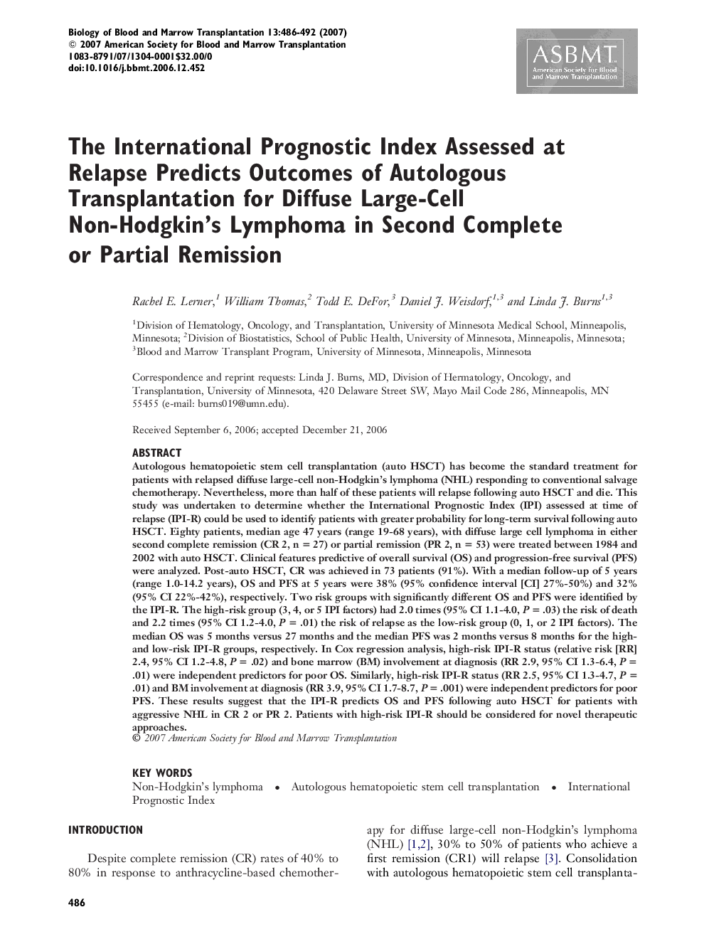 The International Prognostic Index Assessed at Relapse Predicts Outcomes of Autologous Transplantation for Diffuse Large-Cell Non-Hodgkin’s Lymphoma in Second Complete or Partial Remission