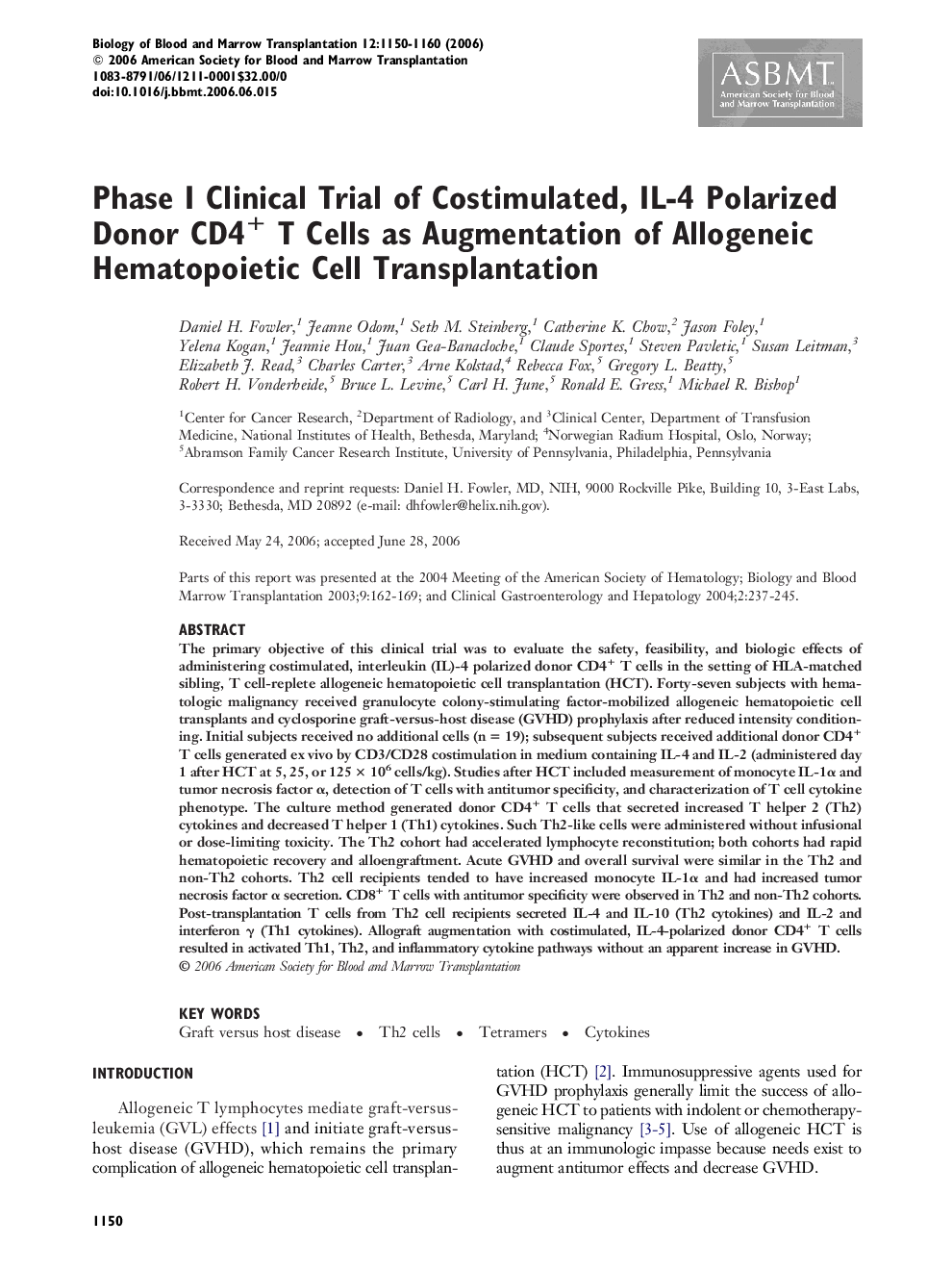 Phase I Clinical Trial of Costimulated, IL-4 Polarized Donor CD4+ T Cells as Augmentation of Allogeneic Hematopoietic Cell Transplantation