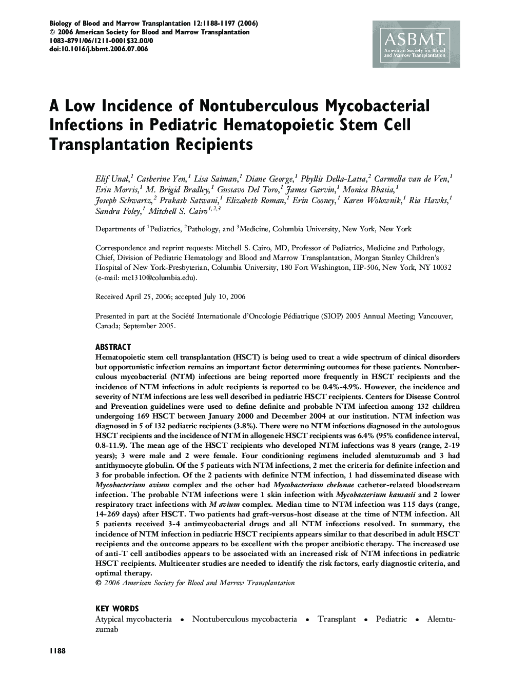 A Low Incidence of Nontuberculous Mycobacterial Infections in Pediatric Hematopoietic Stem Cell Transplantation Recipients