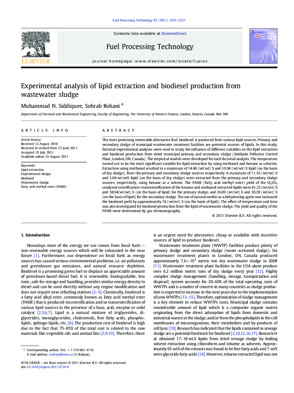 Experimental analysis of lipid extraction and biodiesel production from wastewater sludge