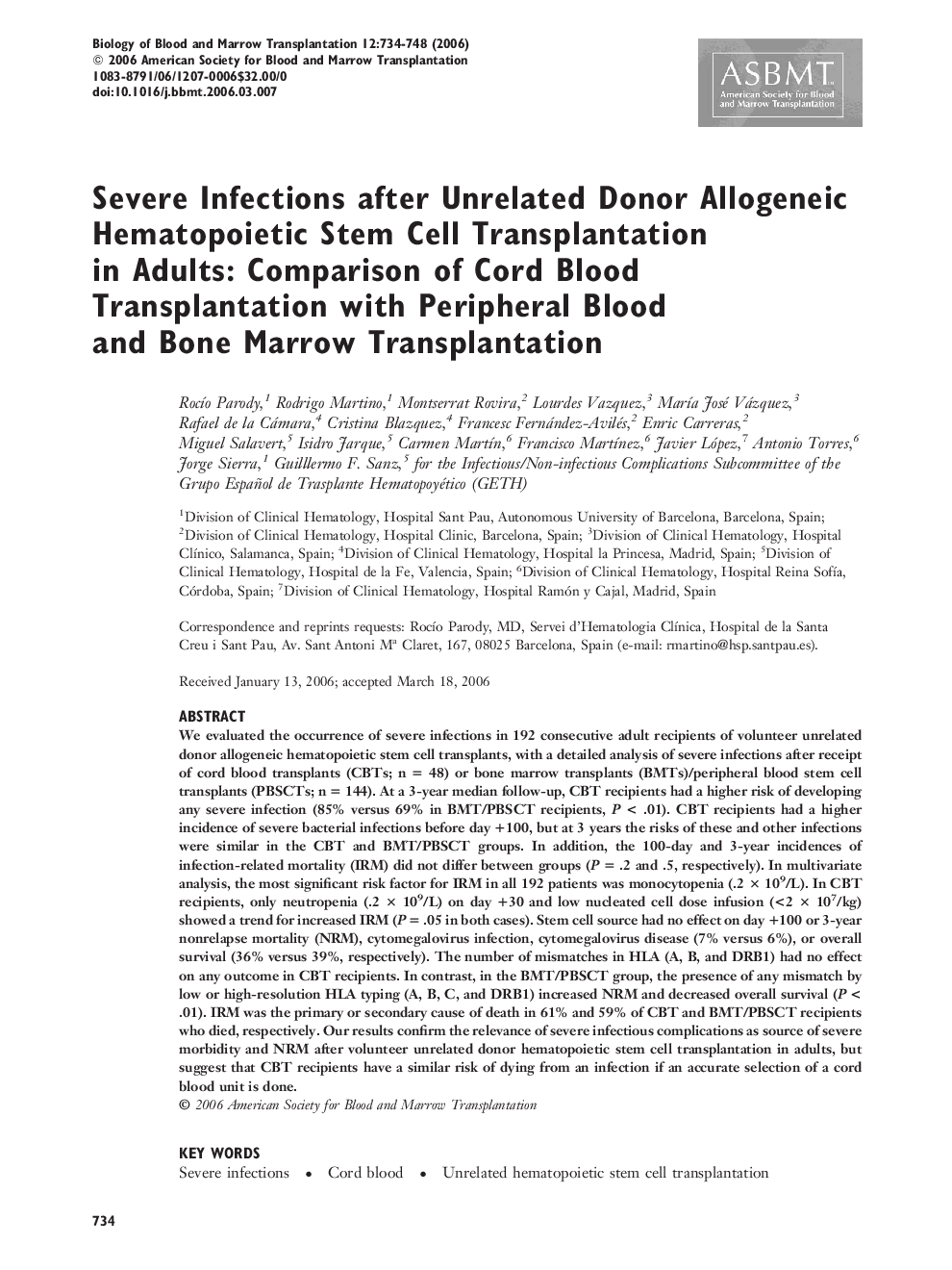 Severe Infections after Unrelated Donor Allogeneic Hematopoietic Stem Cell Transplantation in Adults: Comparison of Cord Blood Transplantation with Peripheral Blood and Bone Marrow Transplantation