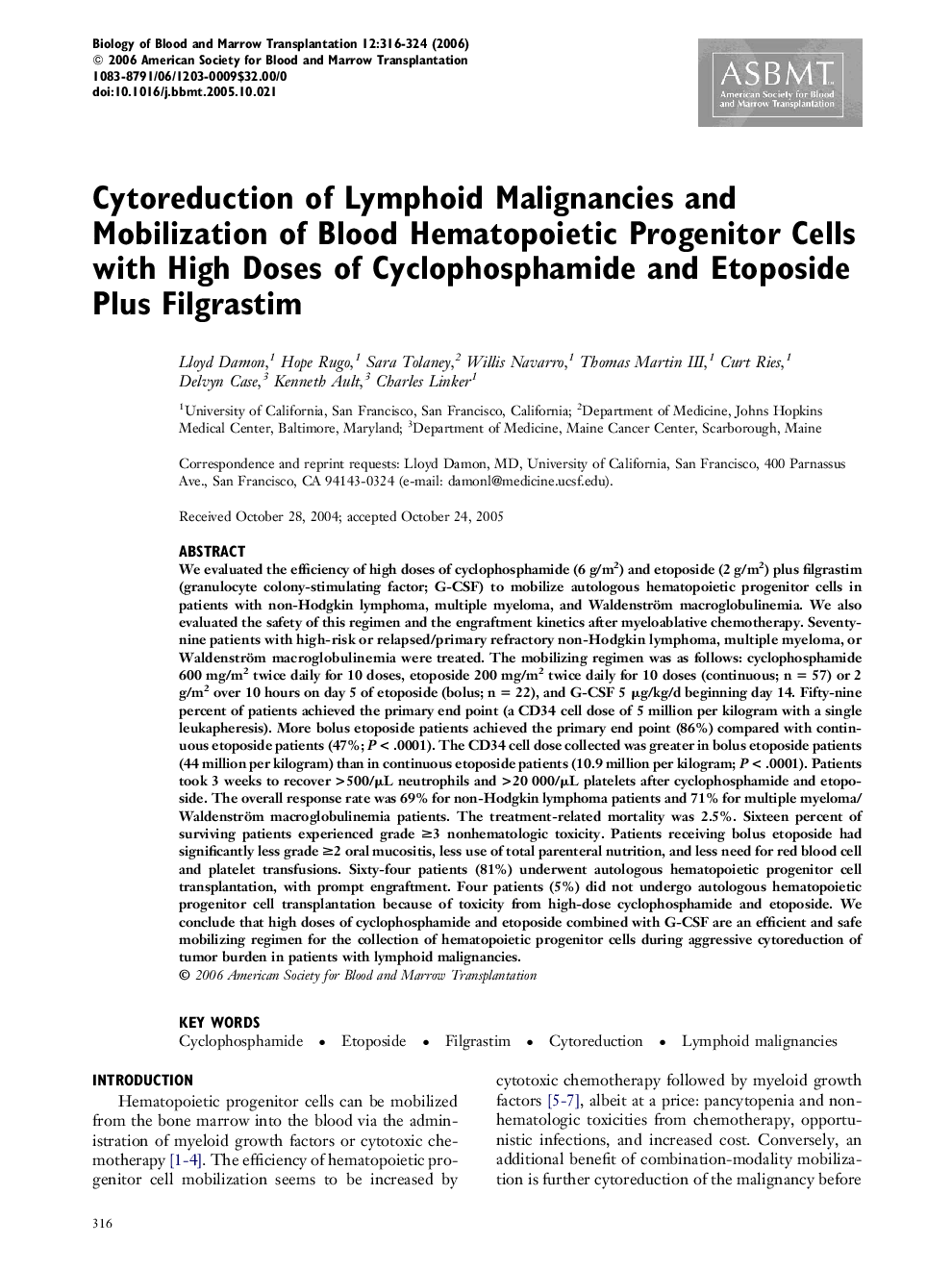 Cytoreduction of Lymphoid Malignancies and Mobilization of Blood Hematopoietic Progenitor Cells with High Doses of Cyclophosphamide and Etoposide Plus Filgrastim