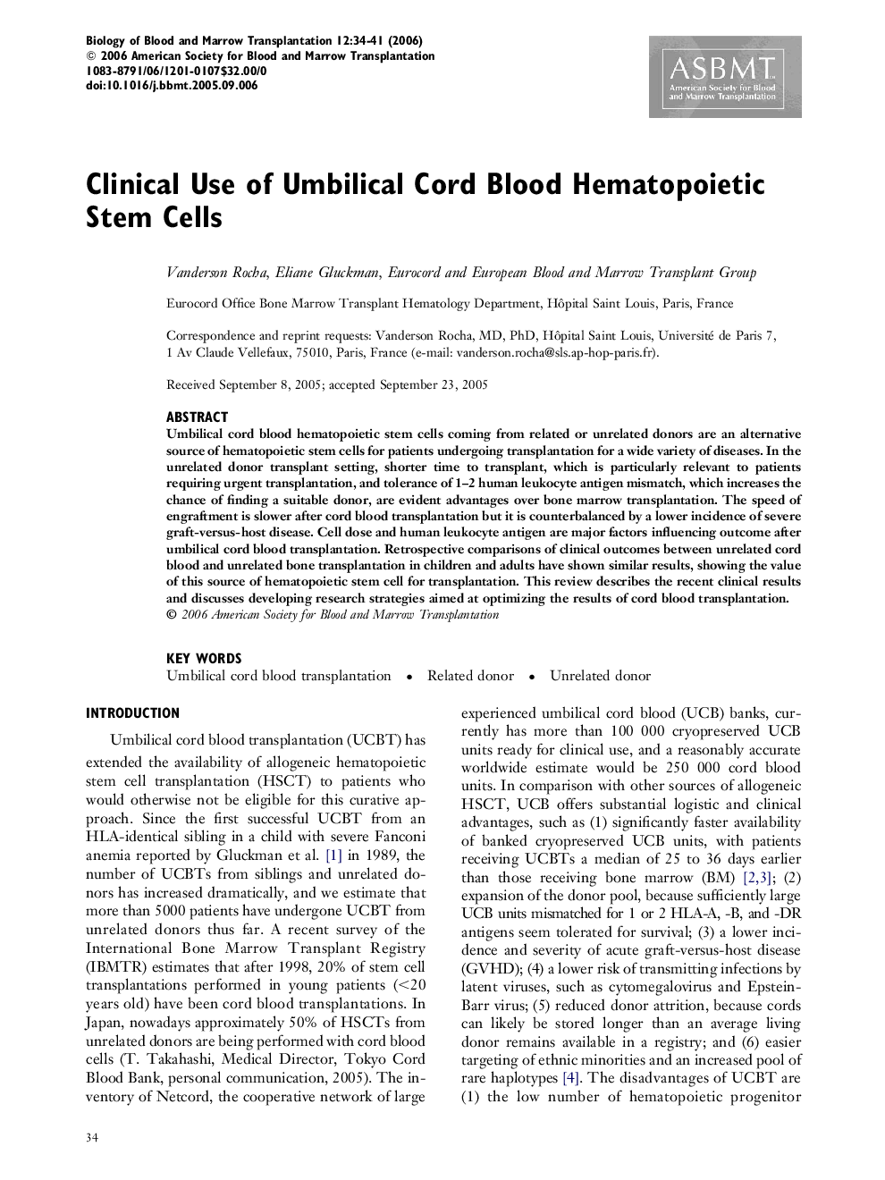 Clinical Use of Umbilical Cord Blood Hematopoietic Stem Cells