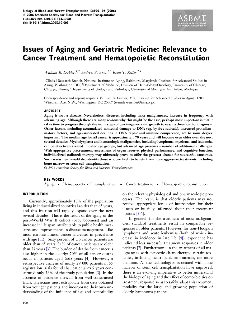 Issues of Aging and Geriatric Medicine: Relevance to Cancer Treatment and Hematopoietic Reconstitution