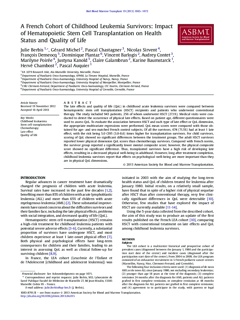 A French Cohort of Childhood Leukemia Survivors: Impact of Hematopoietic Stem Cell Transplantation on Health Status and Quality of Life 