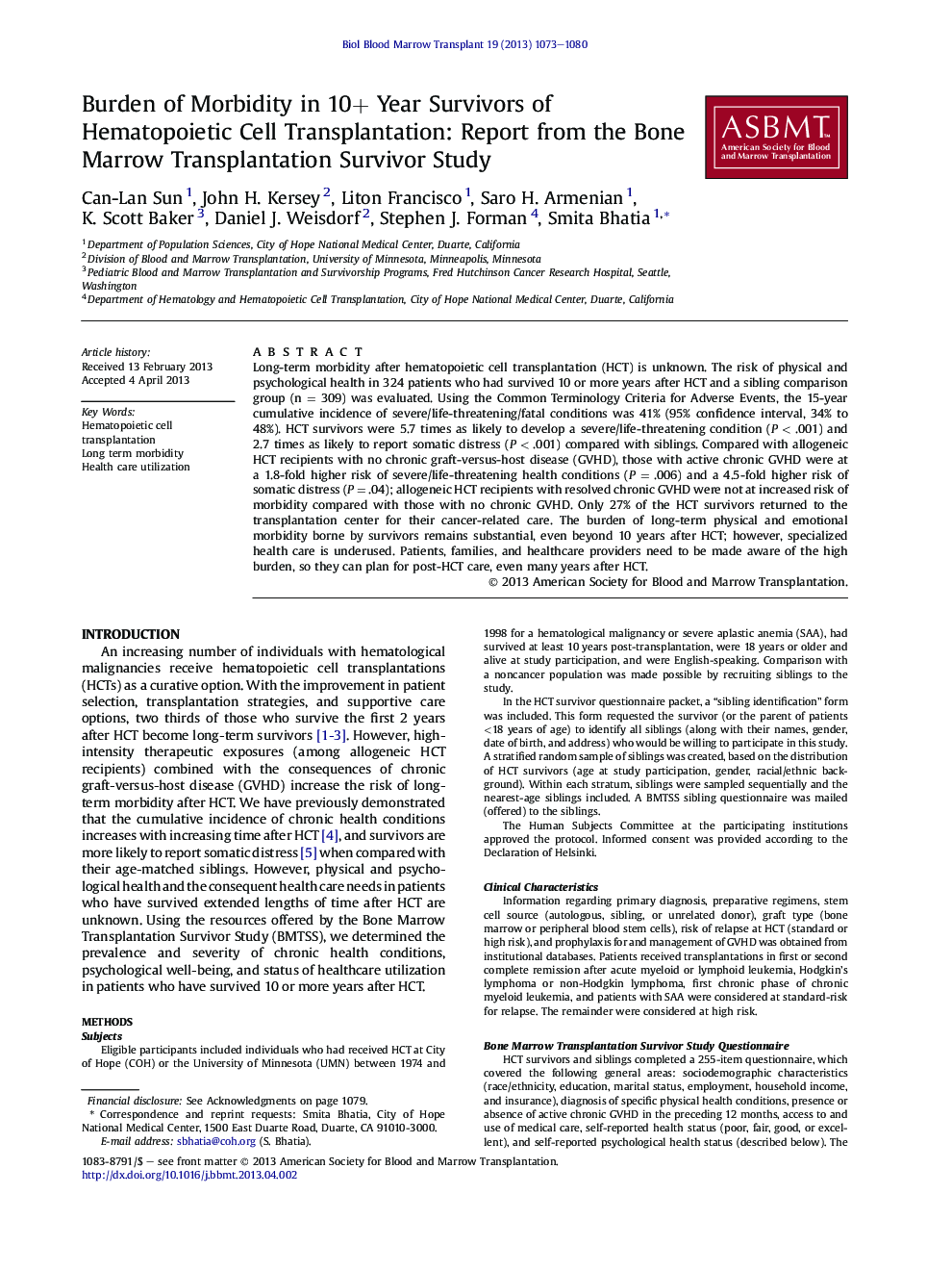 Burden of Morbidity in 10+ Year Survivors of Hematopoietic Cell Transplantation: Report from the Bone Marrow Transplantation Survivor Study 