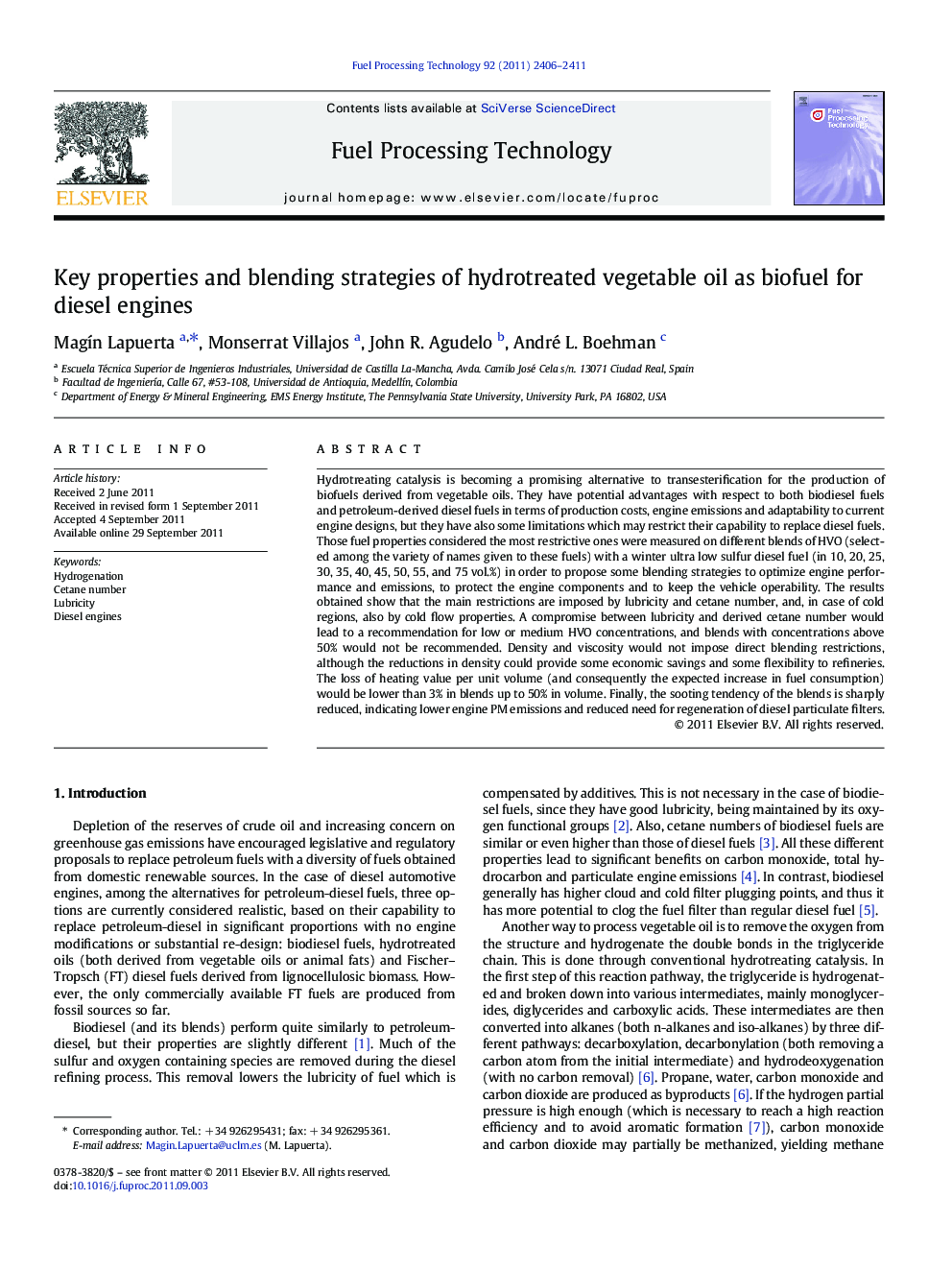 Key properties and blending strategies of hydrotreated vegetable oil as biofuel for diesel engines