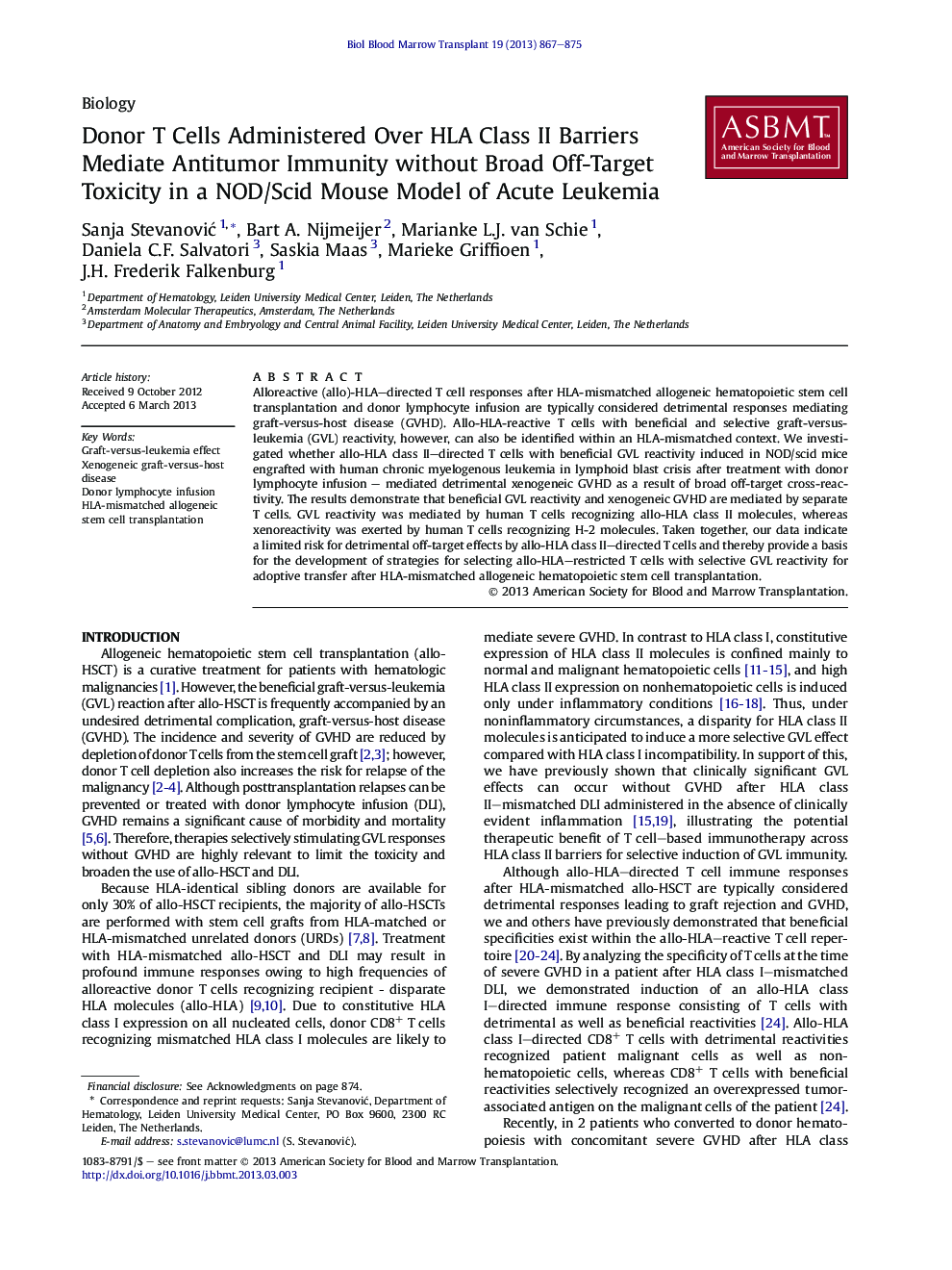 Donor T Cells Administered Over HLA Class II Barriers Mediate Antitumor Immunity without Broad Off-Target Toxicity in a NOD/Scid Mouse Model of Acute Leukemia 