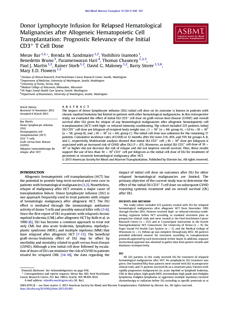 Donor Lymphocyte Infusion for Relapsed Hematological Malignancies after Allogeneic Hematopoietic Cell Transplantation: Prognostic Relevance of the Initial CD3+ T Cell Dose 