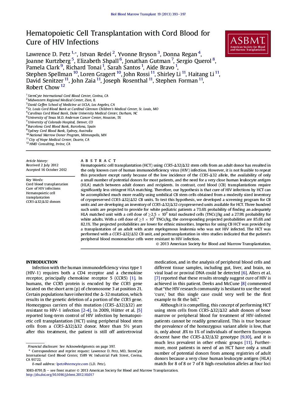 Hematopoietic Cell Transplantation with Cord Blood for Cure of HIV Infections 