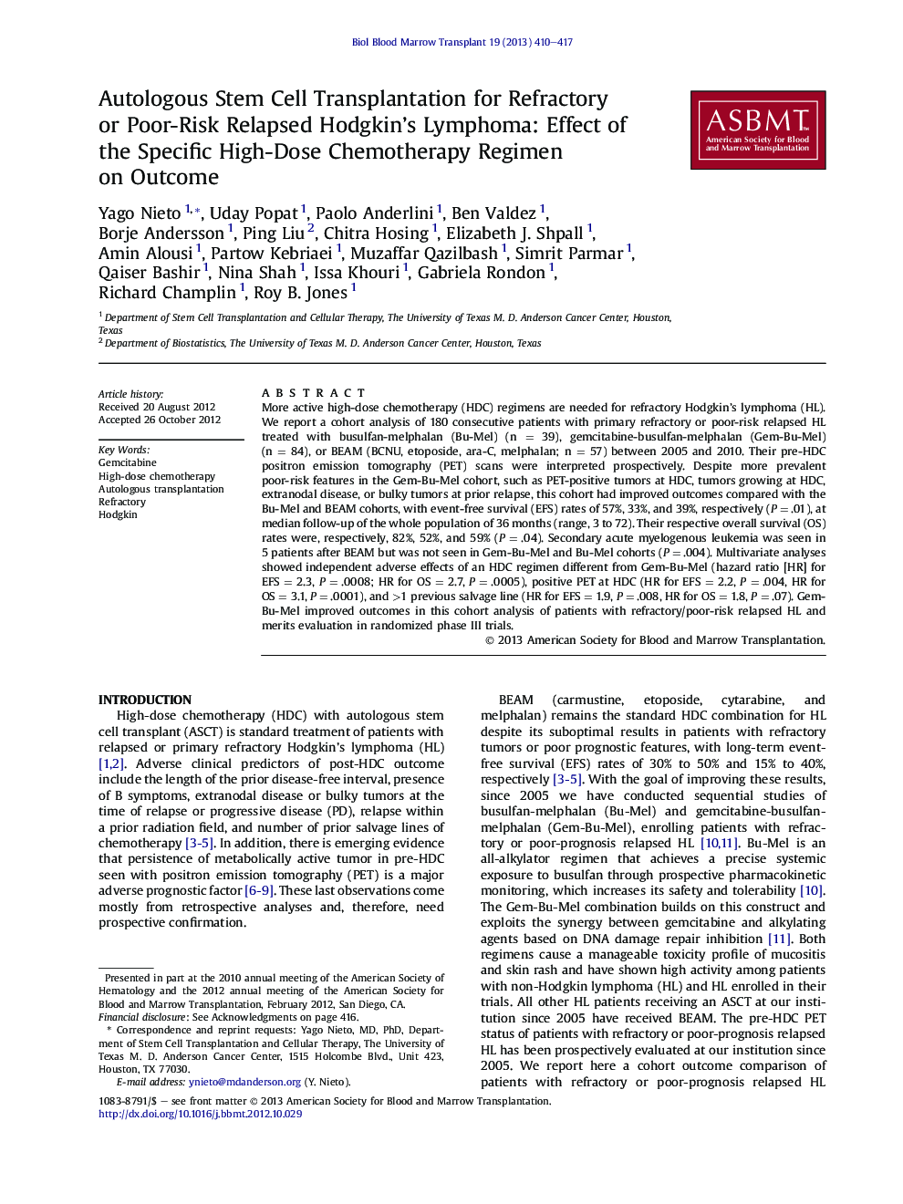 Autologous Stem Cell Transplantation for Refractory or Poor-Risk Relapsed Hodgkin's Lymphoma: Effect of the Specific High-Dose Chemotherapy Regimen on Outcome 