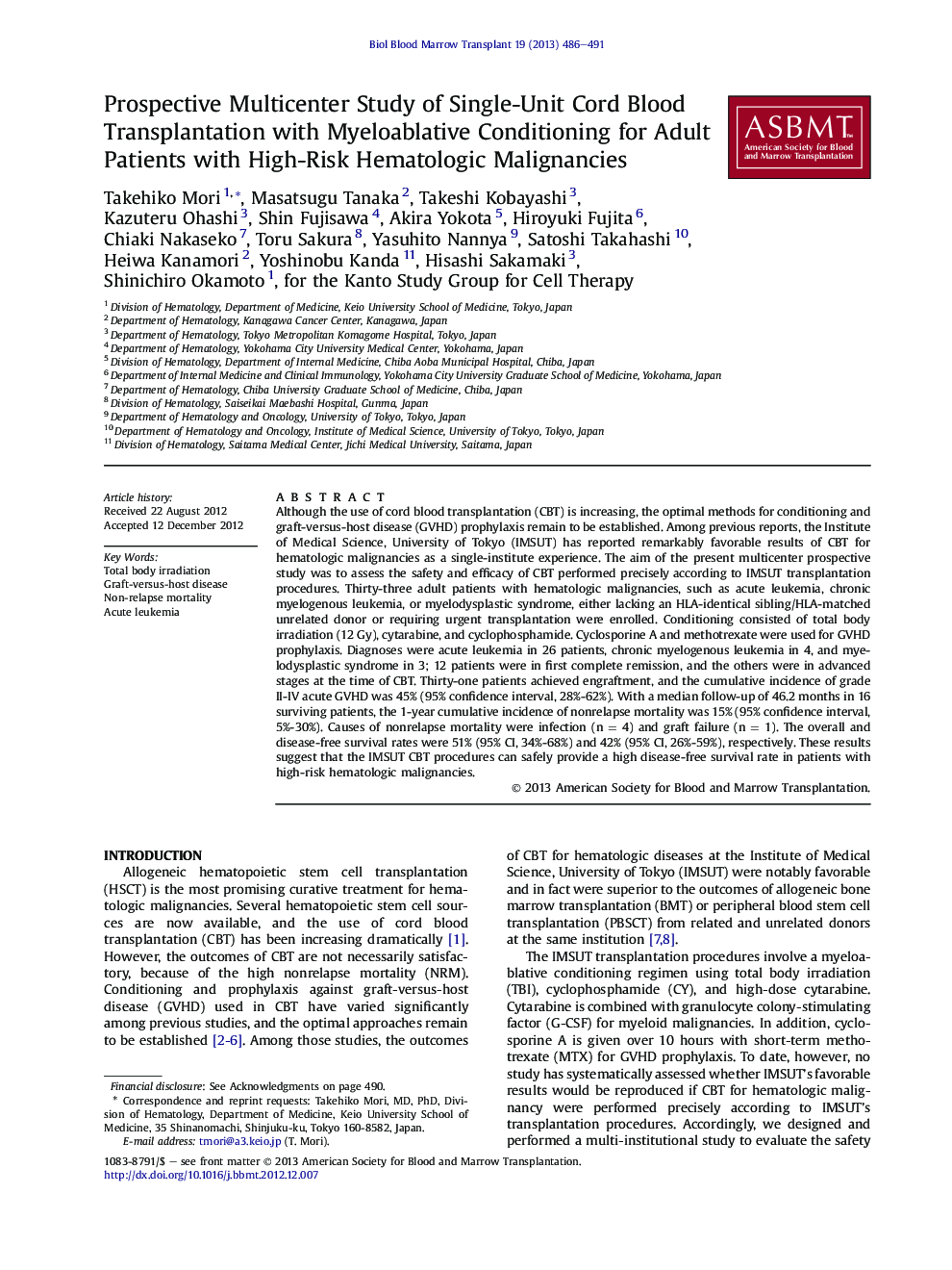 Prospective Multicenter Study of Single-Unit Cord Blood Transplantation with Myeloablative Conditioning for Adult Patients with High-Risk Hematologic Malignancies 