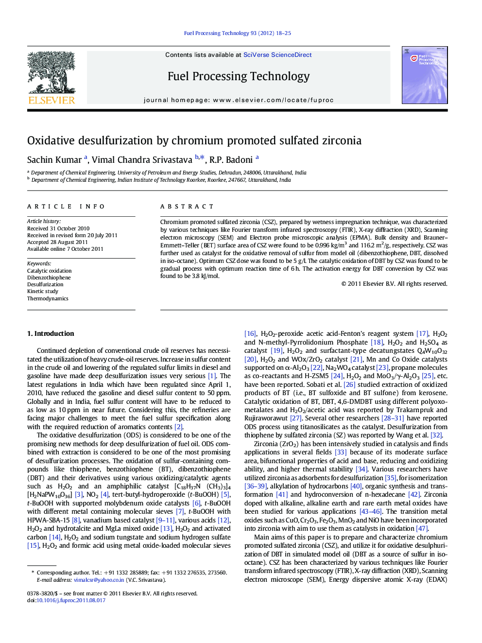 عکس صفحه اول مقاله: Oxidative desulfurization by chromium promoted sulfated zirconia Oxidative desulfurization by chromium promoted sulfated zirconia
