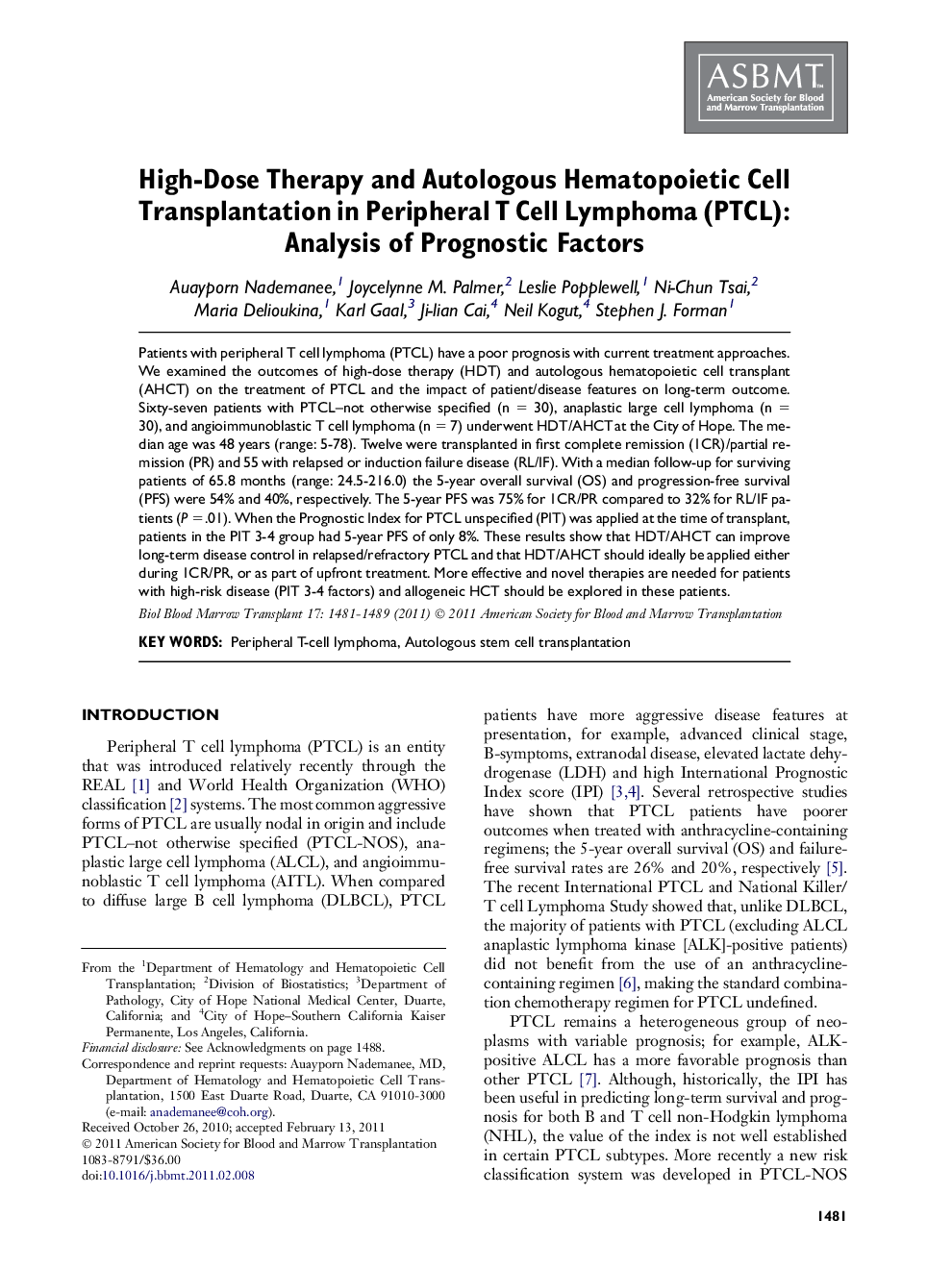 High-Dose Therapy and Autologous Hematopoietic Cell Transplantation in Peripheral T Cell Lymphoma (PTCL): Analysis of Prognostic Factors 