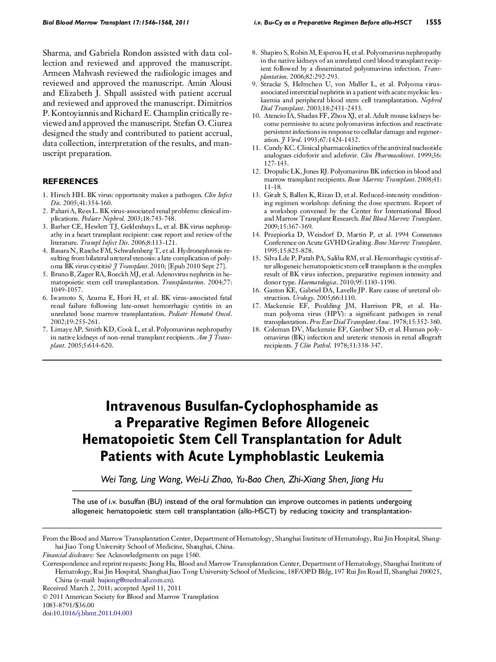 Intravenous Busulfan-Cyclophosphamide as a Preparative Regimen Before Allogeneic Hematopoietic Stem Cell Transplantation for Adult Patients with Acute Lymphoblastic Leukemia 