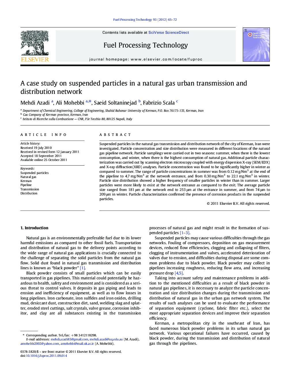 A case study on suspended particles in a natural gas urban transmission and distribution network