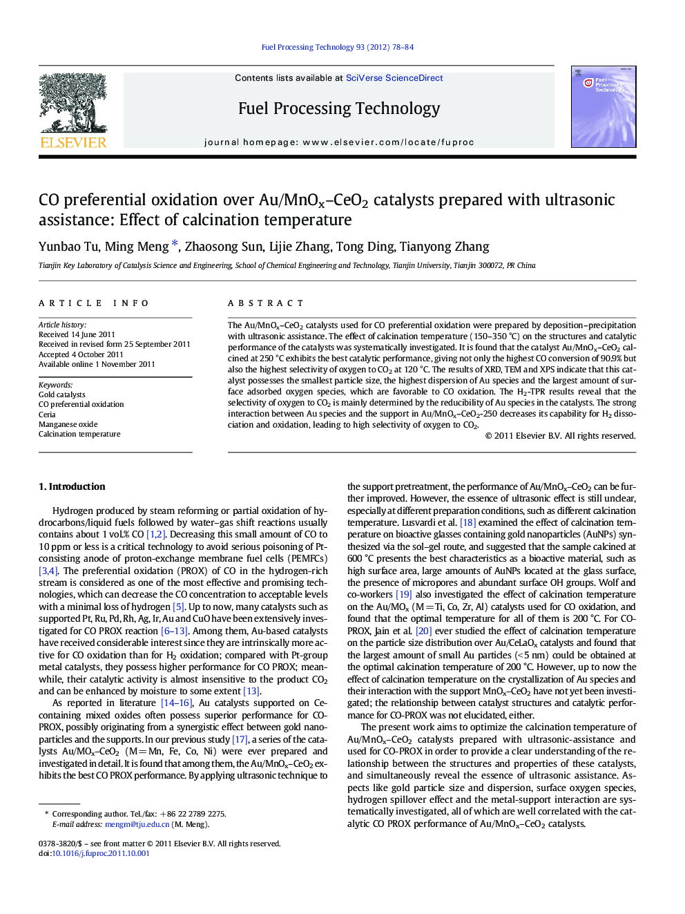 CO preferential oxidation over Au/MnOx–CeO2 catalysts prepared with ultrasonic assistance: Effect of calcination temperature