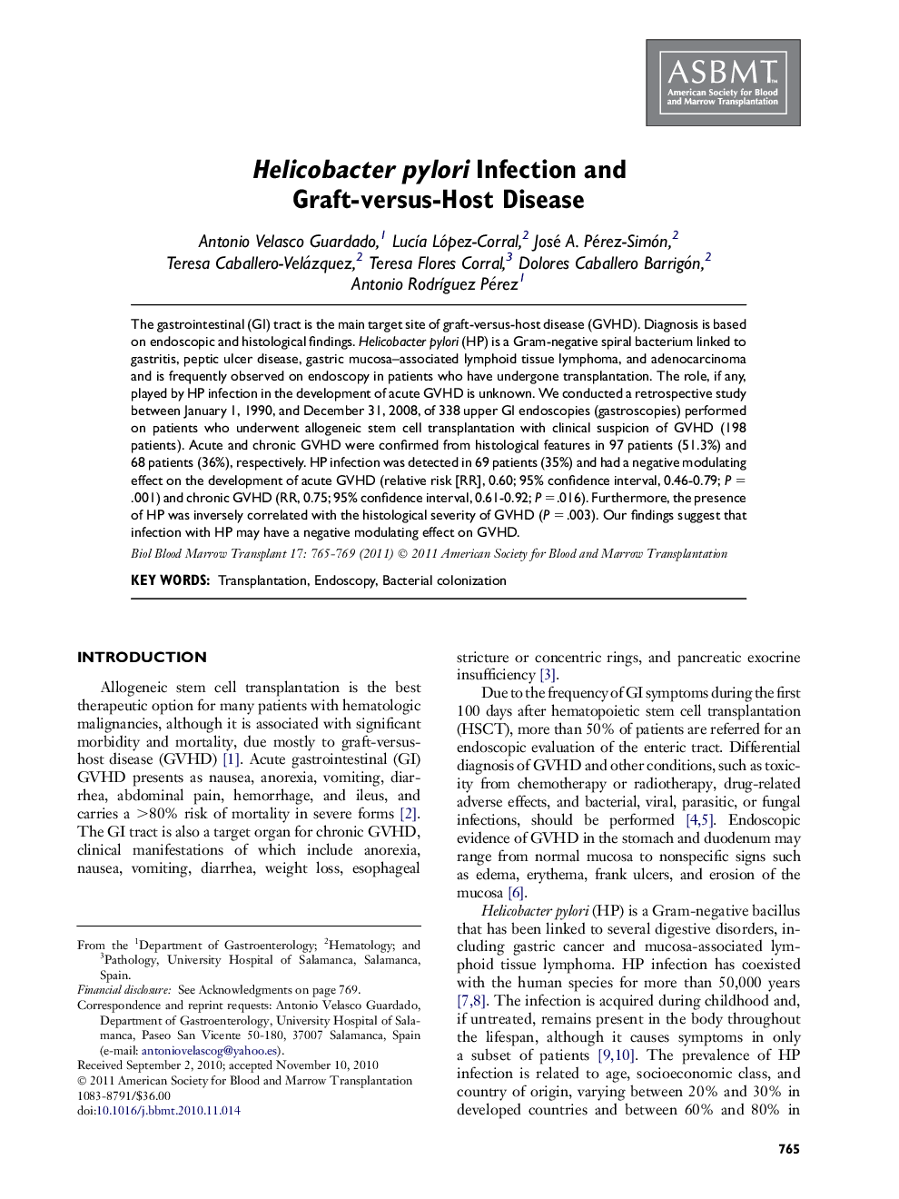 Helicobacter pylori Infection and Graft-versus-Host Disease 