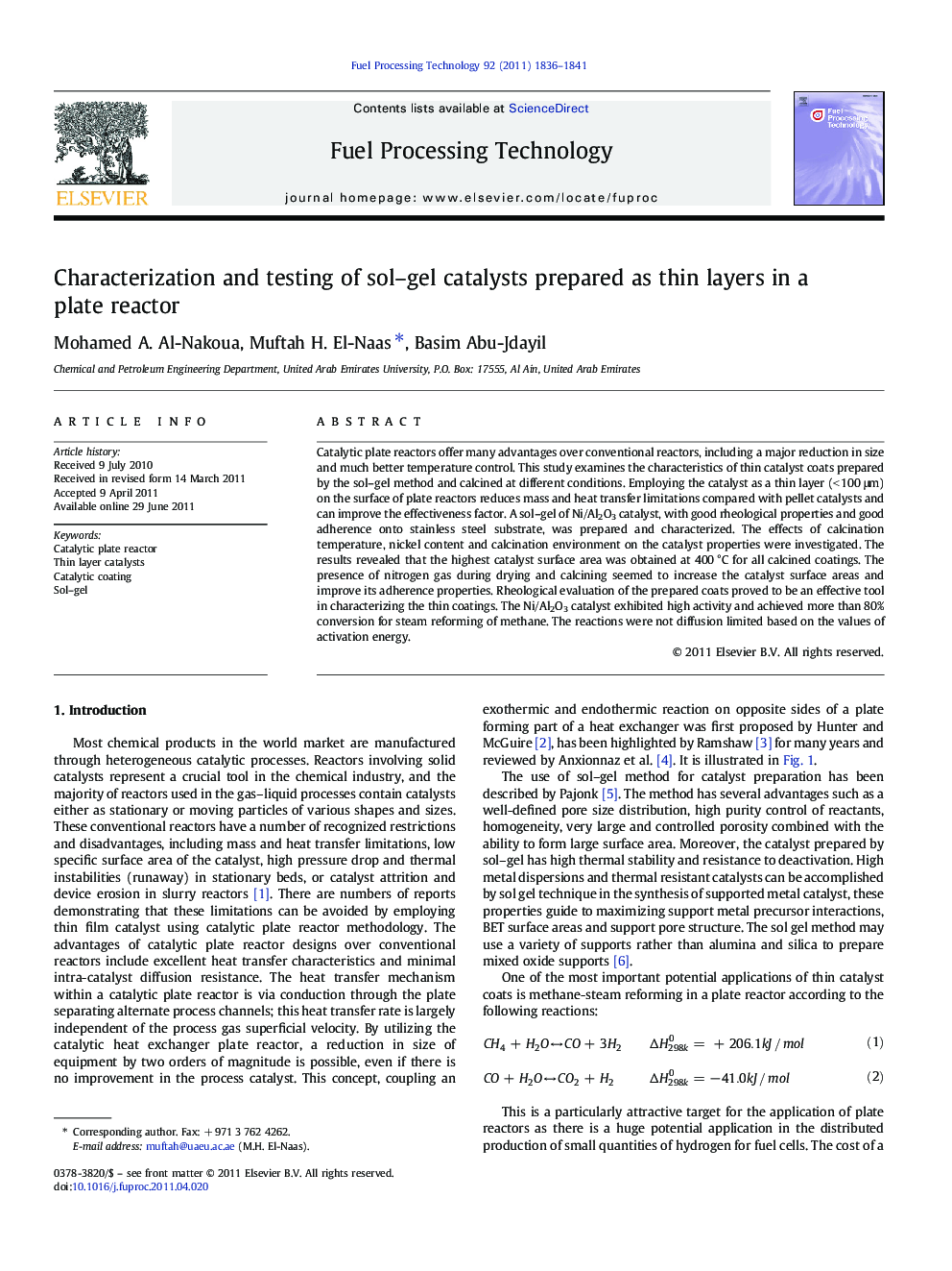 Characterization and testing of sol–gel catalysts prepared as thin layers in a plate reactor