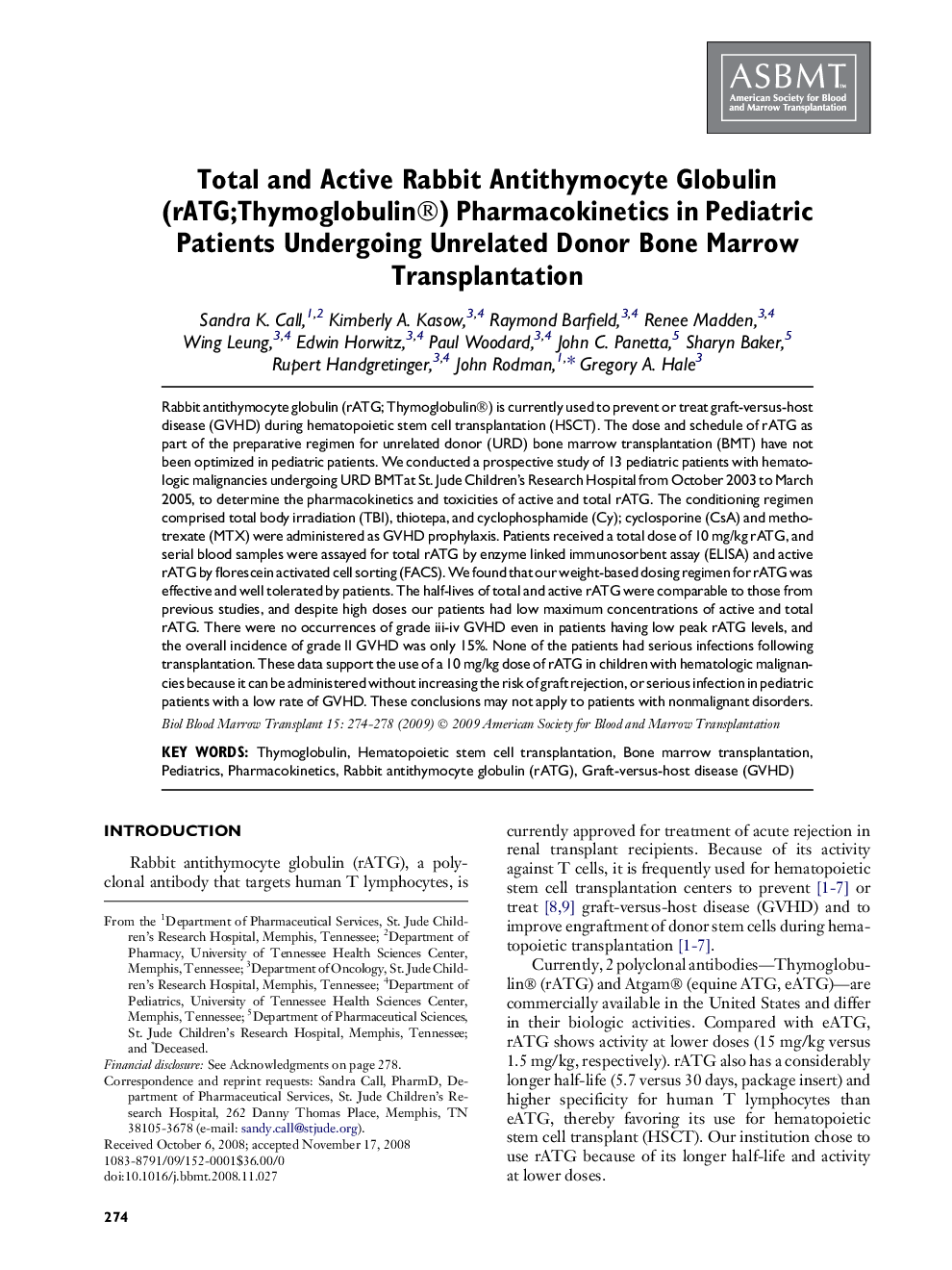 Total and Active Rabbit Antithymocyte Globulin (rATG;Thymoglobulin®) Pharmacokinetics in Pediatric Patients Undergoing Unrelated Donor Bone Marrow Transplantation 