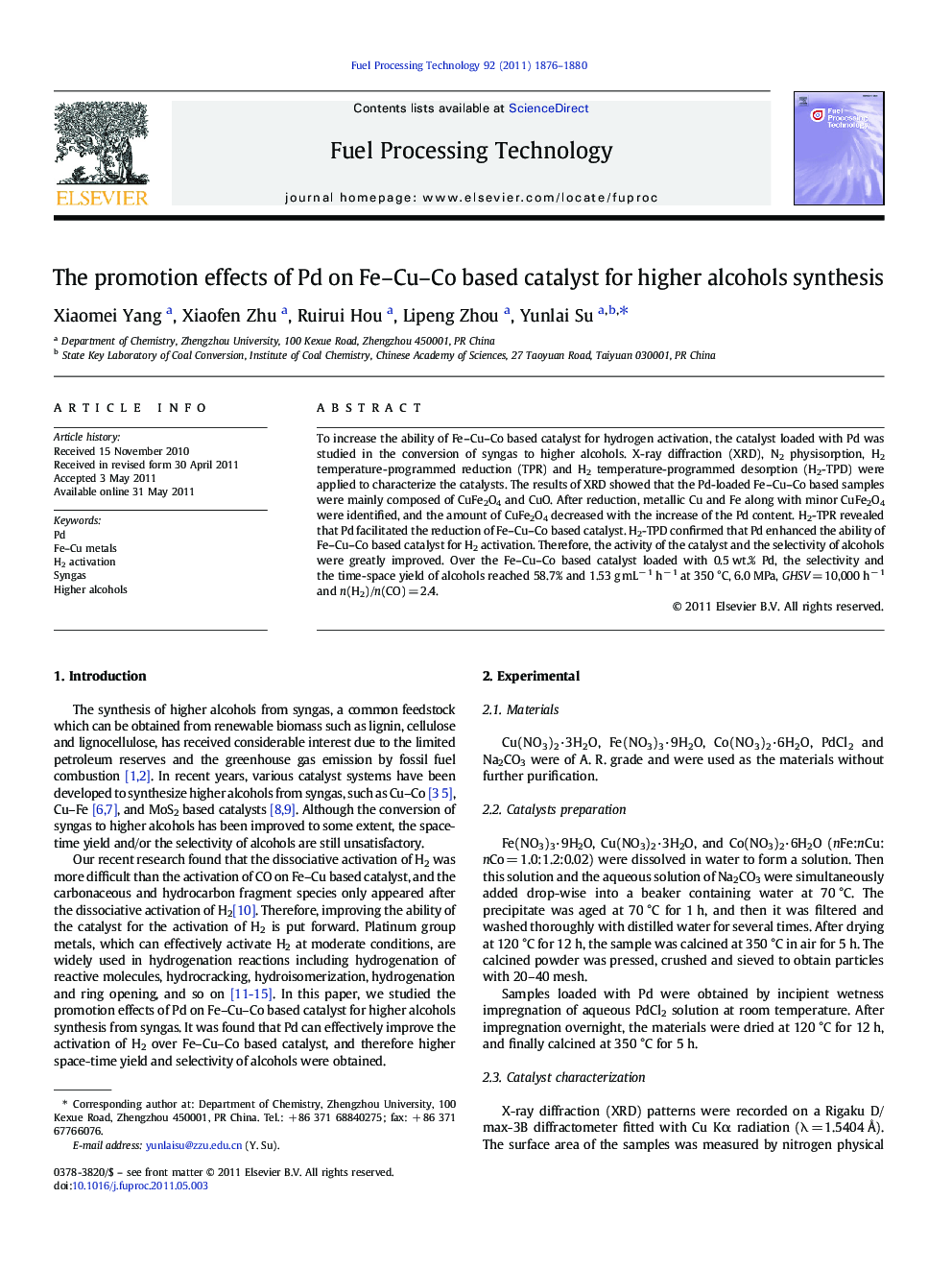 The promotion effects of Pd on Fe–Cu–Co based catalyst for higher alcohols synthesis