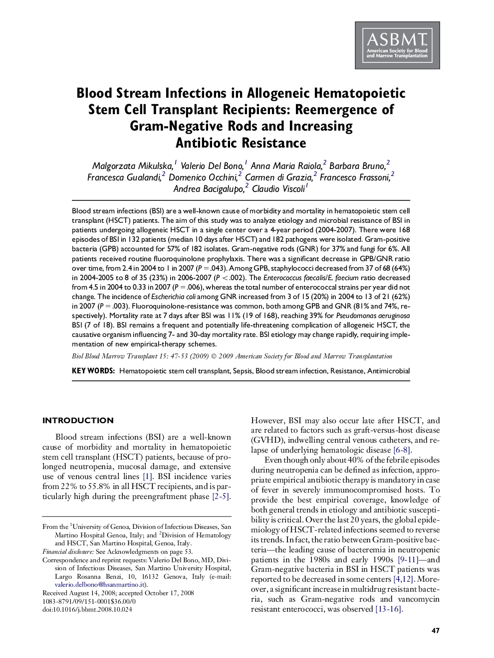 Blood Stream Infections in Allogeneic Hematopoietic Stem Cell Transplant Recipients: Reemergence of Gram-Negative Rods and Increasing Antibiotic Resistance 