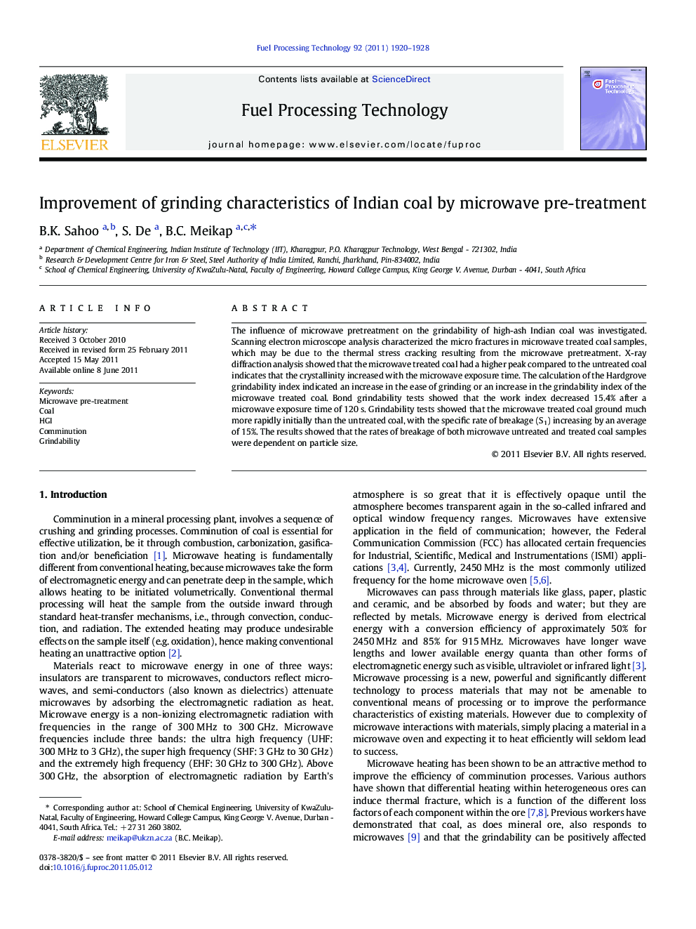 Improvement of grinding characteristics of Indian coal by microwave pre-treatment